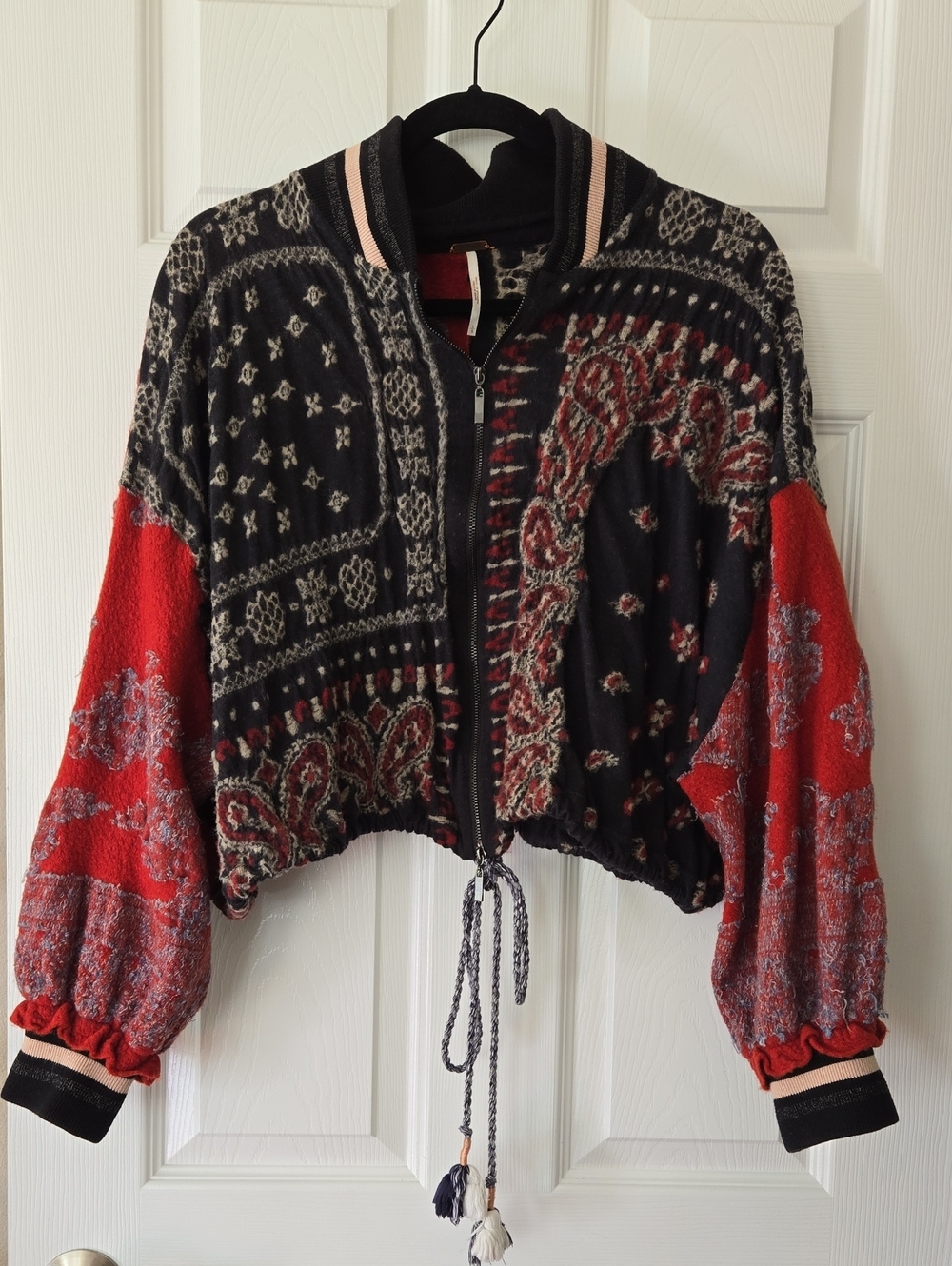 Free People Red and Blue Wool Blend Paisley Print  Knit Bomber Jacket Size Large